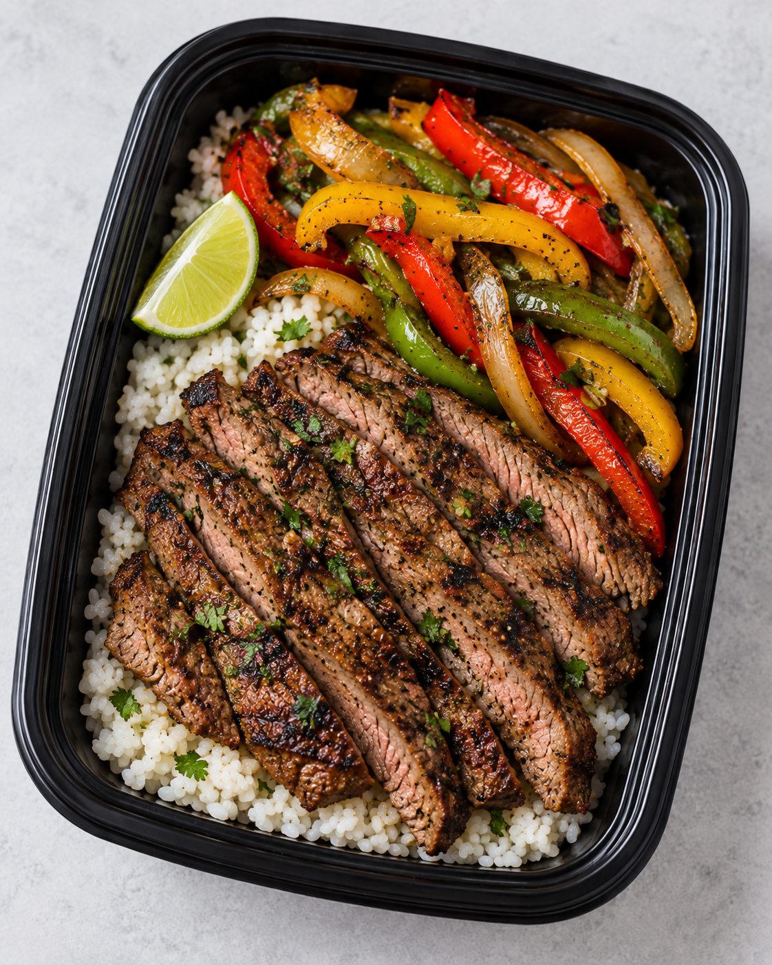 Fajita beef meal prep with rice and vegetables